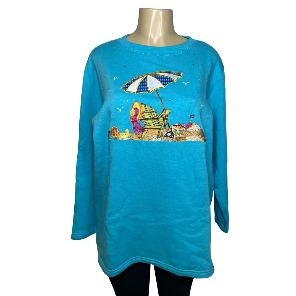 The Quacker Factory Womens Large Blue Beach Scene Embroidered Sweatshirt A57372